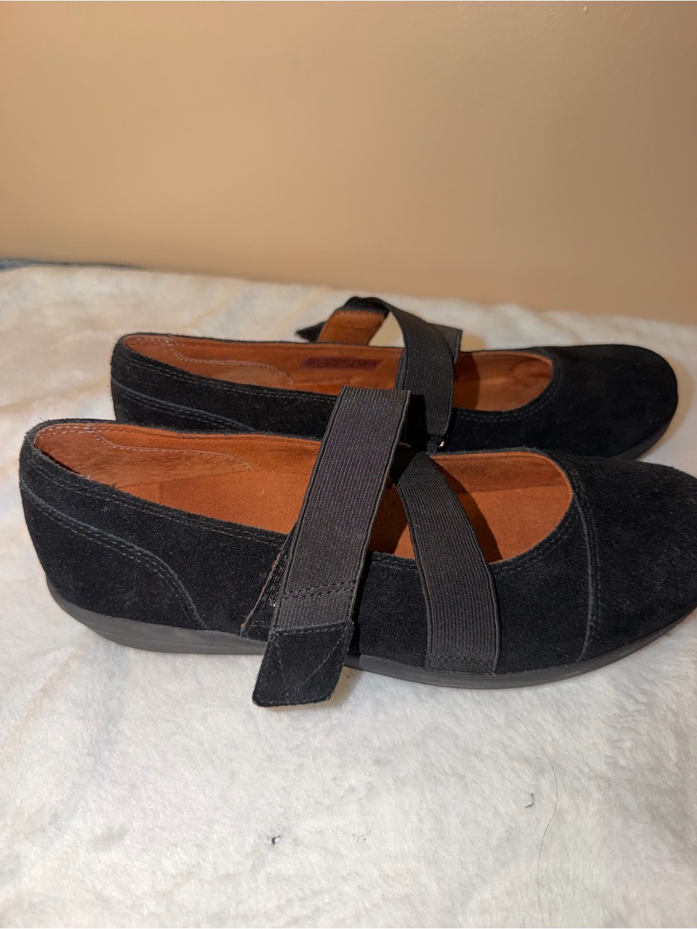 Vionic Black Suede Mary Jane Flats with Velcro elastic Strap
